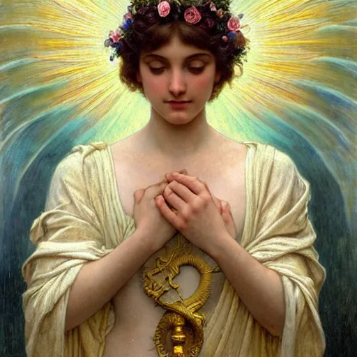 Prompt: highly detailed oil painting | very intricate | cinematic lighting | award - winning | the beautiful angel of jupiter wearing a flowing toga | by godward, by tom bagshaw, by j. c. leyendecker and klimt, beautiful cinematic light, american romanticism, by alphonse mucha, artstation, cgsociety, official art, octane