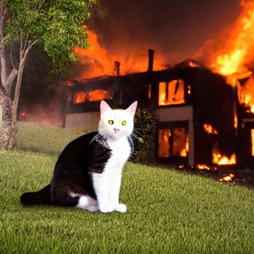Prompt: an adorable ominous cat sitting in the yard of a two story home that is blazing on fire in the background behind the cat, real photo, evening