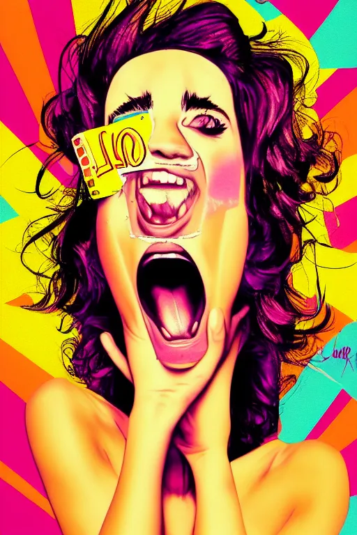 Image similar to girl screamin yolo - aesthetic, smooth painting, remove duplicate every seed image, 4 k, illustration, comical, acrylic paint style, pencil style, torn cosmo magazine style, pop art style, ultrarealism, by mike swiderek, jorge lacera, ben lo, tyler west