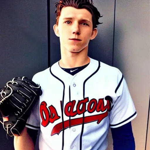 Image similar to “a realistic photo of a guy who is an attractive baseball player man who is part cyborg and part humanoid, who is a robot, Tom Holland”