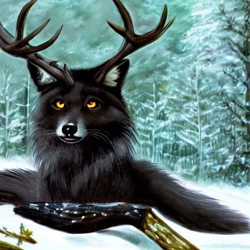 anthro black fox with deer antlers on head sitting on | Stable Diffusion