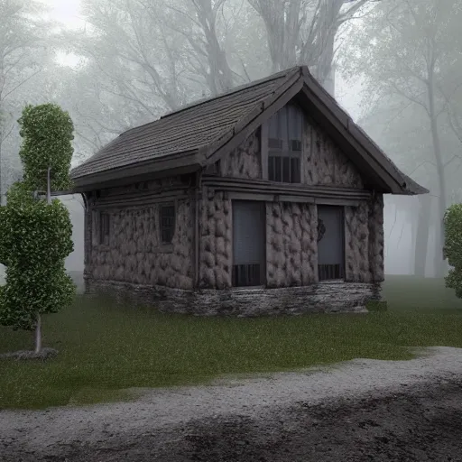 Prompt: darkness render fog highly detailed village house day forest