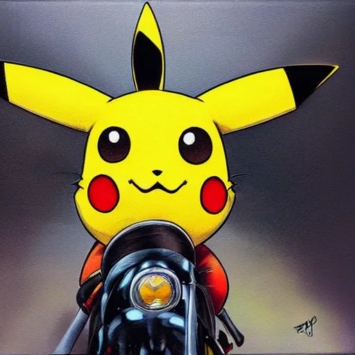 Image similar to pikachu, motorcycle, pikachu riding motorcycle, nestor canavarro hyperrealist art style, sharp brushstrokes