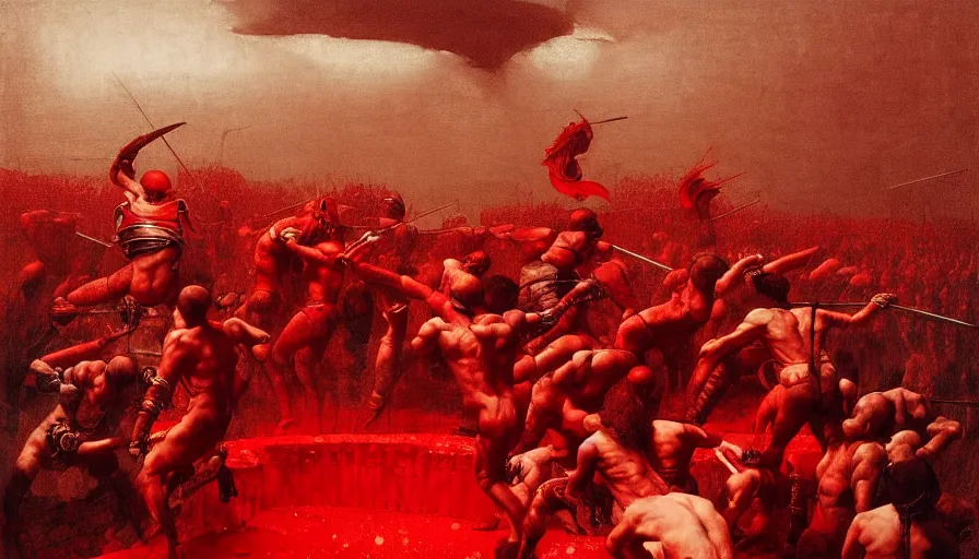 Image similar to only with red, bloody gladiator battle in a crowded roman amphitheatre, crowd cheering, in the style of beksinski and edward hopper and rodcenko and yue minjun and cory loftis, intricate and epic composition, red by caravaggio, highly detailed, masterpiece, red light, artstation, art nouveau