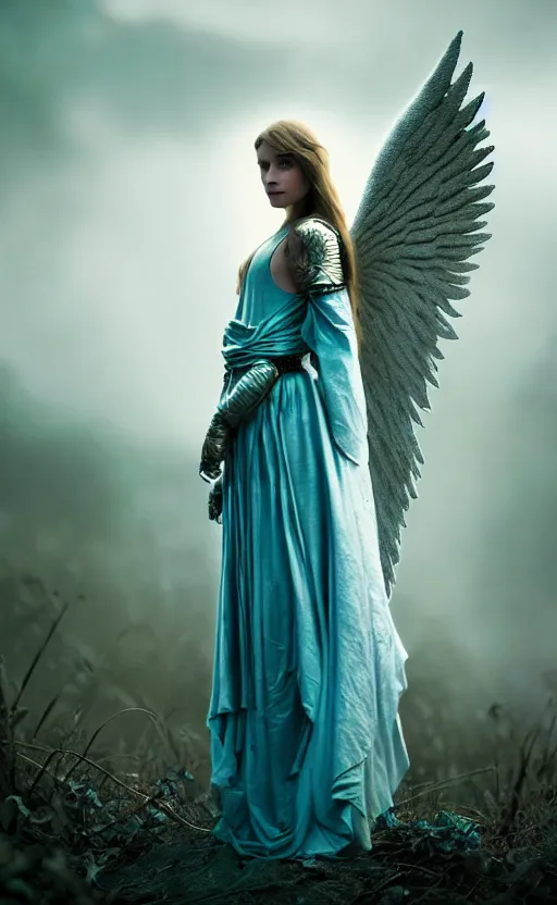 Image similar to angel, big wings, low key light, full plate armor with cloth, f 2. 8, bokeh, medium portrait, gentle, female, dark ruins, landscape, d & d, fantasy, intricate, elegant, highly detailed, teal white gold color palette, roger deakins, sharp focus, greg rutkowski and alphonse mucha