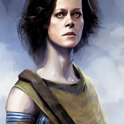 Image similar to young sigourney weaver as a d & d human fighter, character portrait by wlop