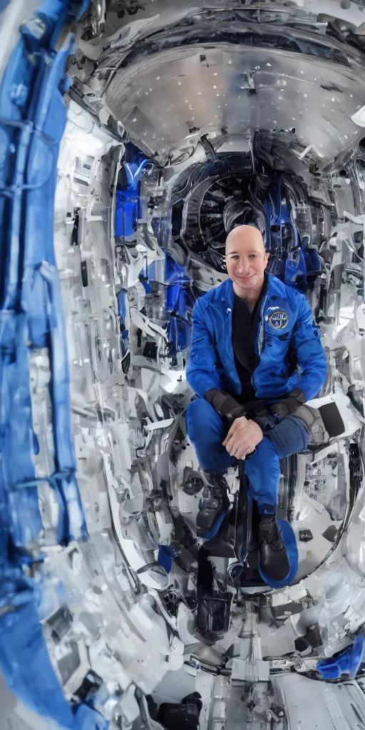 Image similar to jeff bezos sitting inside of a blue origin rocket that's parachute has failed, hyper realistic, sony 5 0 mm lens
