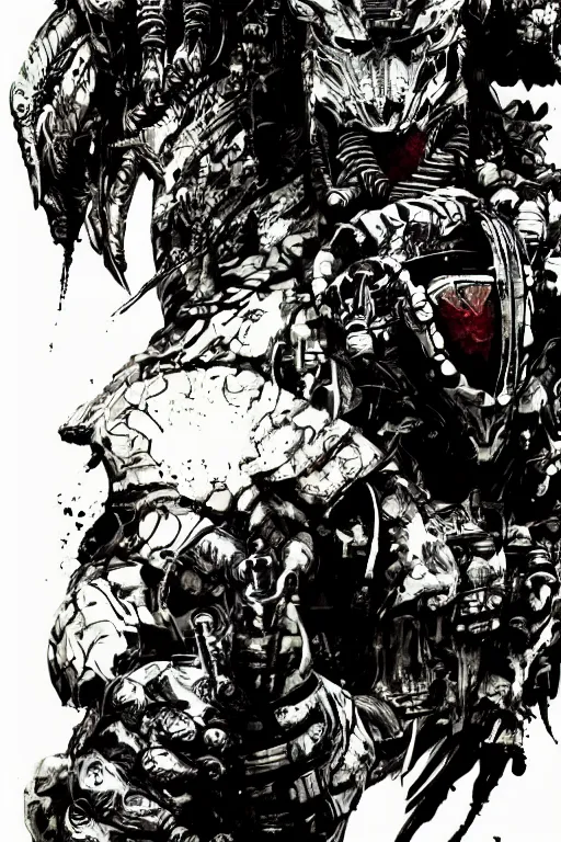 Image similar to predator illustrated by yoji shinkawa, science fiction horror action, ink, digital painting, highly detailed, trending on artstation, sharp focus, illustration, concept art, norman rockwell