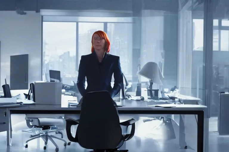 Prompt: pepper potts, ceo of stark industries, sinks into her chair, desolate, her once - spotless office now covered in dust. she sobs. screenshot from the mcu, ambient lighting, 8 k