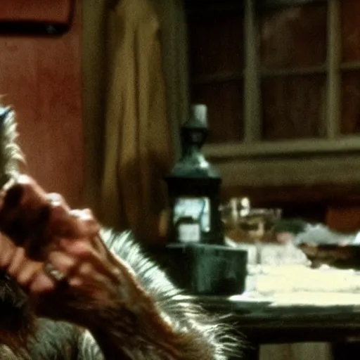 Image similar to film still of a funny looking werewolf extending out his hand in an american werewolf in london