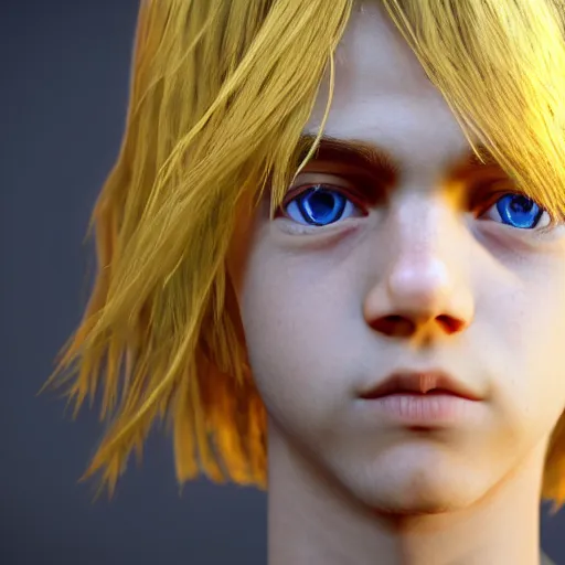 Image similar to a detailed portrait of boy with blonde hair and blue eyes, unreal engine 5 rendered, incredibly highly detailed and realistic, 8 k, sharp focus, studio quality