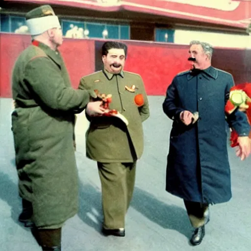 Prompt: stalin shows hand to burger