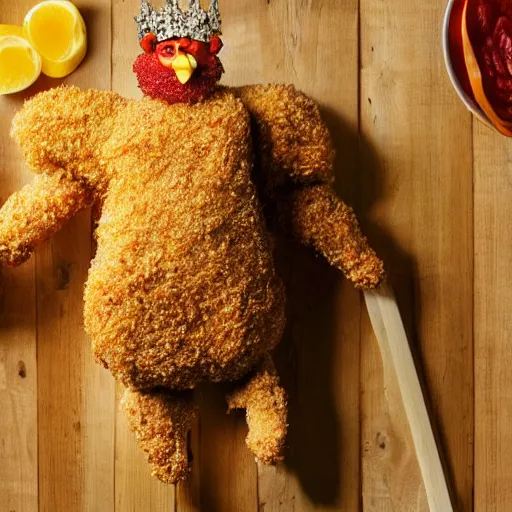 Image similar to standing breaded chicken with a crown of a king in top of it, holding a king staff, hyper realistic, 4k