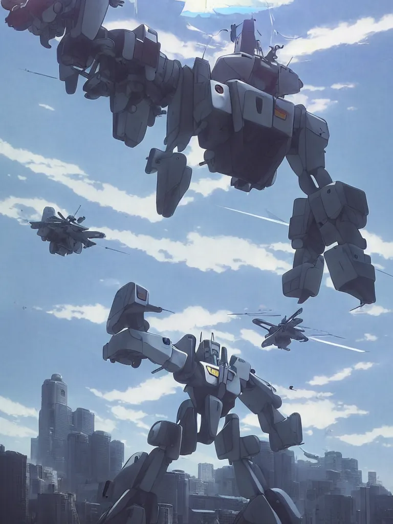 Image similar to Beautiful Epic scene of a beautiful gigantic Patlabor style mech being air lifted by futuristic helicopters above a futuristic Tokyo style military city, by Greg Rutkowski and Krenz Cushart and Pan_Ren_Wei and Hongkun_st and Bo Chen and Enze Fu and WLOP and Alex Chow, Madhouse Inc., anime style, crepuscular rays, set in rainy futuristic cyberpunk Tokyo street, dapped light, dark fantasy, cgsociety, trending on artstation