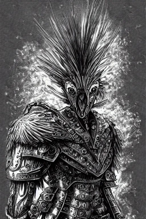 Image similar to armoured raven humanoid monster, crows feet, symmetrical, highly detailed, digital art, black feather armour, sharp focus, trending on art station, kentaro miura manga art style