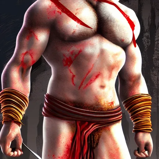 Prompt: kratos wearing a bikini and eating spaghetti, detailed digital art