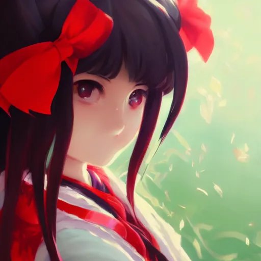 Prompt: artwork portrait of reimu hakurei from touhou project, sparkling eyes reimu hakurei touhou artwork by greg rutkowski makoto shinkai sakimichan key art 4 k 8 k ultrahd trending award winning smling