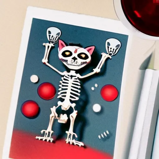Prompt: A humanoid cat skeleton with red eyes is partying while drunk, photorealistic, polaroid