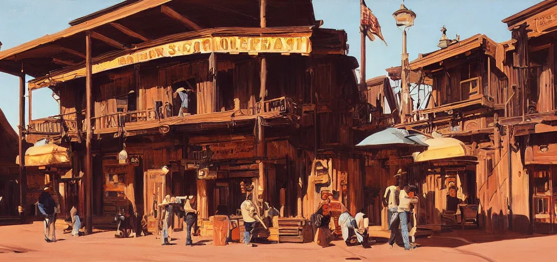 Image similar to from a movie scene, painting of a western saloon exterior in old town, syd mead, cinematic wide shot