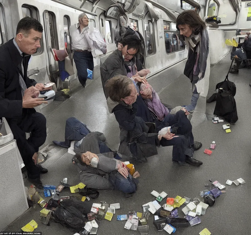 Image similar to this man was counting tablets, then he dropped them on the floor. he asked the woman next to him if the train floor had been poisoned. she didn't know, but told him that perhaps if the air had been poisoned that it didn't matter, but if the floor had been cleaned with water, then perhaps the water had been poisoned