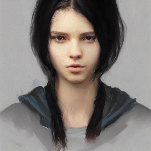 Image similar to portrait of a girl by greg rutkowski, she is about 2 0 years old, mixture between russian and japanese, prettt, black bob hair with two strands around her face, wearing a oversized jumper jumpsuit, highly detailed portrait, digital painting, artstation, concept art, smooth, sharp foccus ilustration, artstation hq