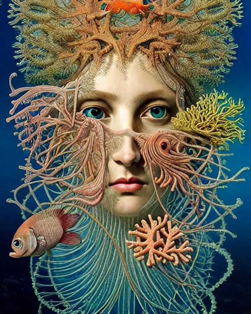 Image similar to hyperrealistic detailed underwater face portrait of the beautiful goddess of the fish with an intricate headgear of corals, sea kelp, sea plants, fish, starfish, jellyfish, art by ernst haeckel, james jean, gothic, neo - gothic, ornamental, beautiful deep colours,