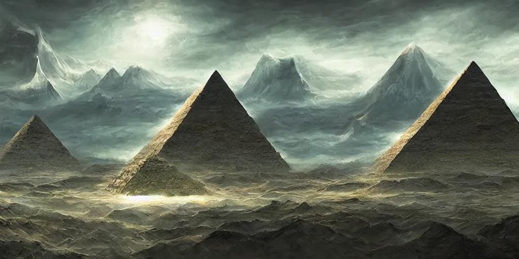 Image similar to an alien pyramid landscape , art station, landscape, concept art, illustration, highly detailed artwork cinematic, hyper realistic painting