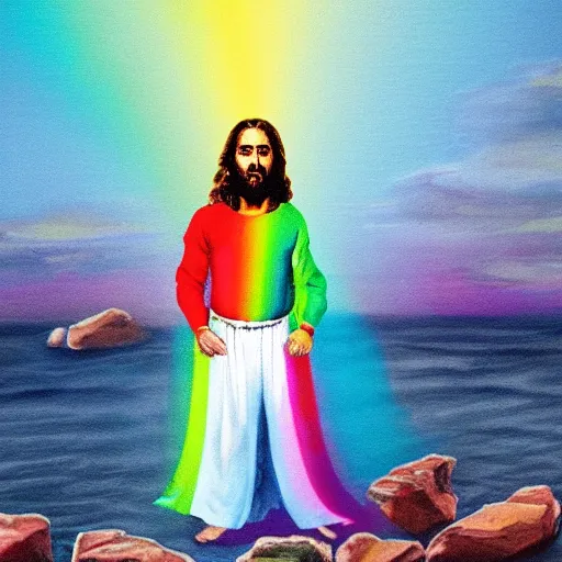 Prompt: Jesus with rainbow shirt walks on water
