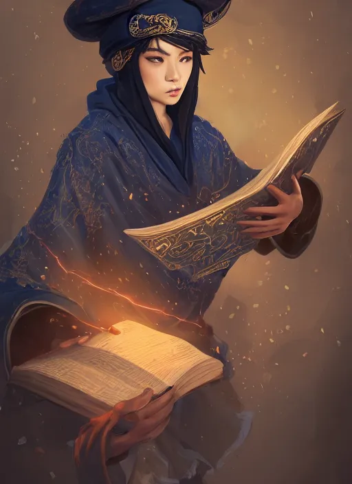 Image similar to a highly detailed illustration of short black haired young asian wizard wearing ornate navy robe and mage hat, dramatic reading spell book pose, intricate, elegant, highly detailed, centered, digital painting, artstation, concept art, smooth, sharp focus, league of legends concept art, WLOP