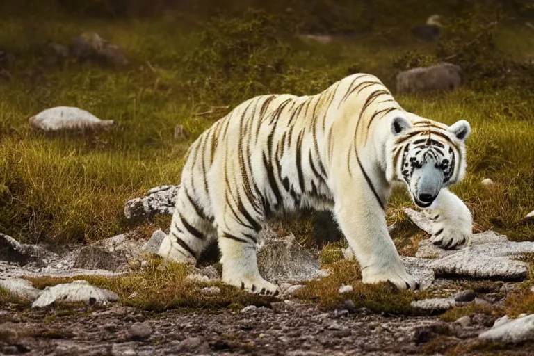 Image similar to a tiger polar bear!!! hybrid! hyper realistic!! realistic lighting!! wildlife photographer of the year!!! bold natural colors, national geographic, hd, wide angle, 8 k