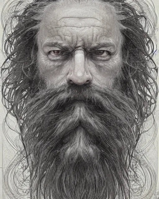 Image similar to portrait of a 6 0 - year - old giant man with long tangles of bushy black hair and beard hiding most of his face, kind eyes, wearing in black cloak, hyper realistic face, beautiful eyes, fantasy art, in the style of greg rutkowski, intricate, alphonse mucha, hyper detailed, smooth