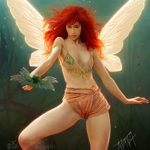 Prompt: beautiful natural fairy winged redhead martial artist karate fey fae muscular body shortsword summer gi, kung fu, vivid colors, intricate, elegant, highly detailed, digital painting, artstation, concept art, smooth, sharp focus, illustration, art by artgerm and greg rutkowski and alphonse mucha and loish and wlop