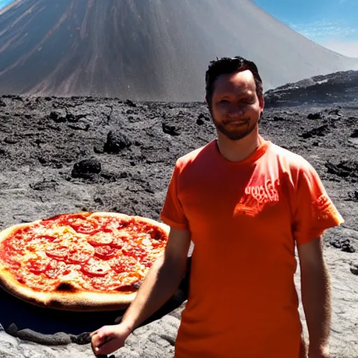 Image similar to an evil pizza cook standing in front of a volcano, streams of lava, smoke, fire, pizza margherita