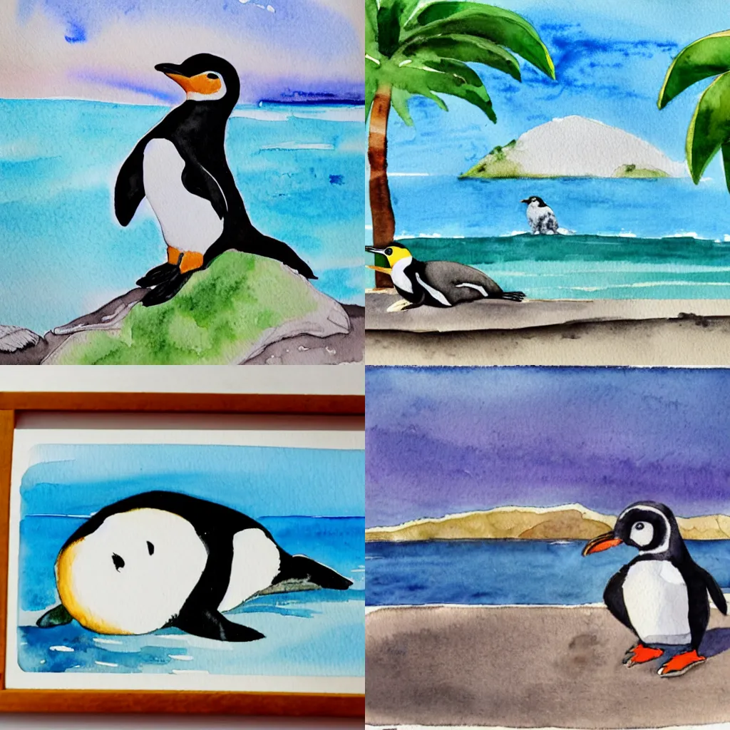 Prompt: Watercolor and pen of a penguin sunbathing on a tropical island