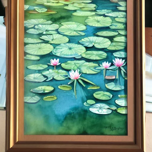 Prompt: watercolour painting of waterlilies with a teal background