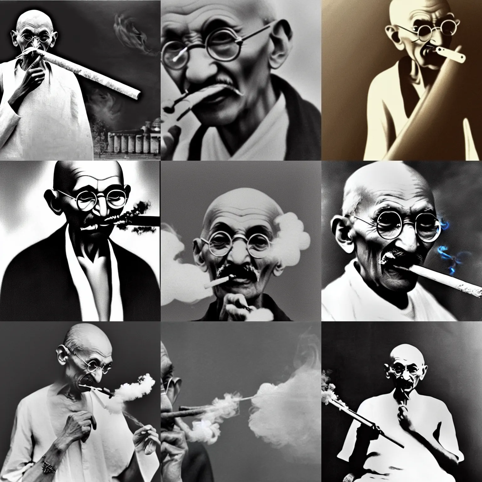 Prompt: Mahatma Gandhi smoking a ((bong)), fat cloud, weed, cinematic masterpiece