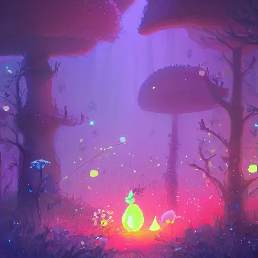 Prompt: magic fairy forest, ilustration art by Goro Fujita, 35mm lens, beautiful macro close-up imagery, vibrantly lush neon lighting, beautiful volumetric-lighting-style atmosphere, a futuristic atmosphere, intricate, detailed, photorealistic imagery, trending on artstation, 4k, 8k