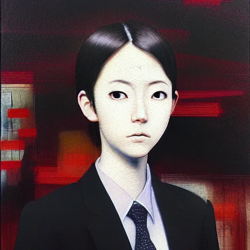 Image similar to yoshitaka amano blurred and dreamy realistic three quarter angle portrait of a young woman with short hair and black eyes wearing office suit with tie, junji ito abstract patterns in the background, satoshi kon anime, noisy film grain effect, highly detailed, renaissance oil painting, weird portrait angle, blurred lost edges