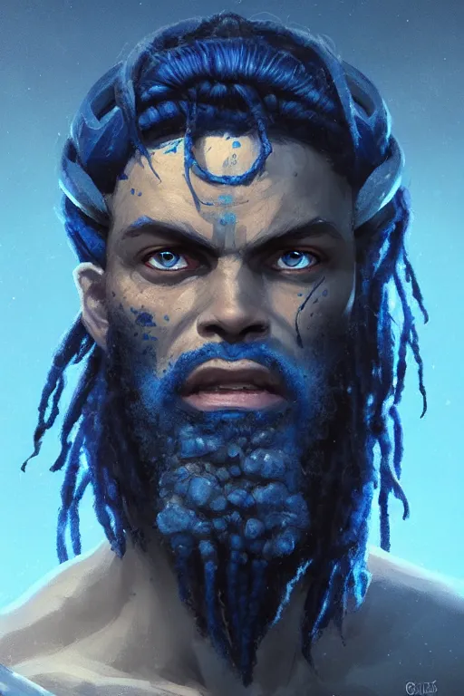 Prompt: portrait of a blue genasi with a square jaw from d & d by greg rutkowski, dreadlocks and small beard, runic rings, d & d character, blue, black background, highly detailed portrait, digital painting, artstation, concept art, smooth, sharp foccus ilustration, artstation hq