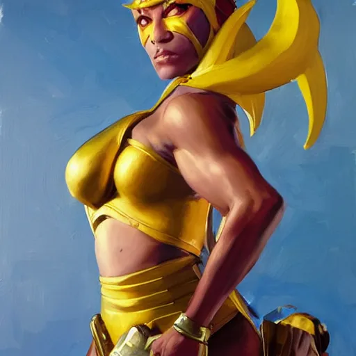 Image similar to greg manchess portrait painting of partially armored menat from street fighter as overwatch character, medium shot, asymmetrical, profile picture, organic painting, sunny day, matte painting, bold shapes, hard edges, street art, trending on artstation, by huang guangjian and gil elvgren and greg rutkowski