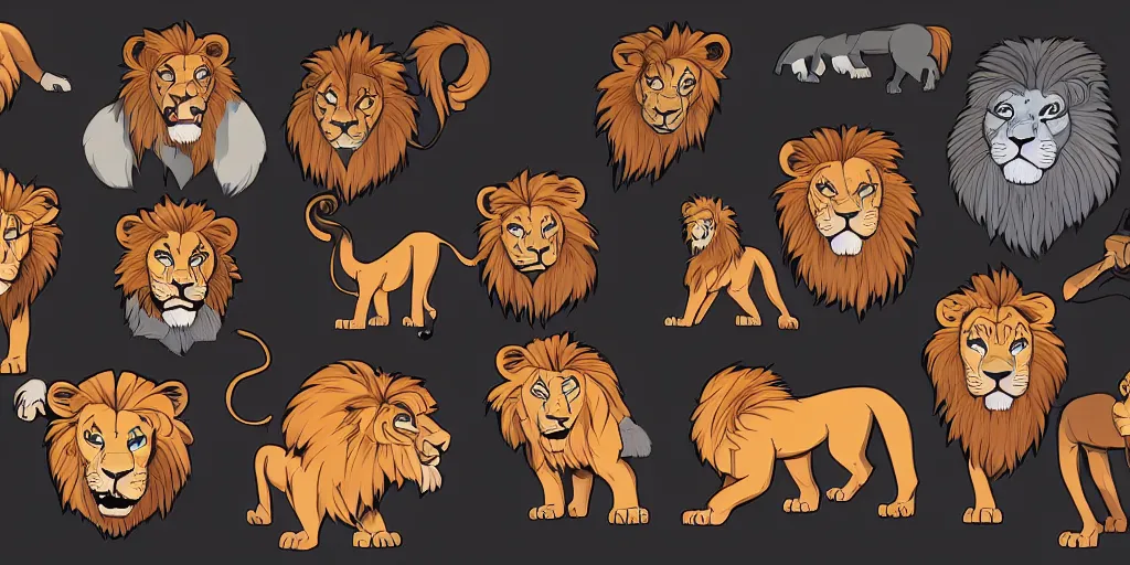 Prompt: game asset of unique lion heads on black background, organic, animated hanna barbera color palette, animated hanna barbera black inking, cel shading, 5 colors, no gradients, flat 2 d design, 2 d sprites, 8 k, close up