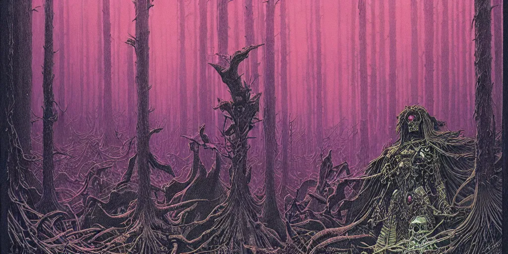 Prompt: grainy risograph matte painting of dark bejeweled huge botanical macabre paladin, atmospheric, densed forest, omnious, epic composition, by moebius, hyperrealism, intricate detailed