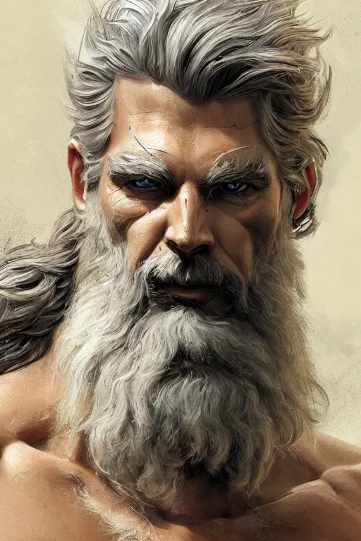 Image similar to painted portrait of rugged zeus, god of thunder, greek god, white hair, masculine, mature, handsome, upper body, muscular, hairy torso, fantasy, intricate, elegant, highly detailed, digital painting, artstation, concept art, smooth, sharp focus, illustration, art by gaston bussiere and craig mullins