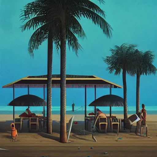 Prompt: inside diner at the beach with palm trees by simon stalenhag