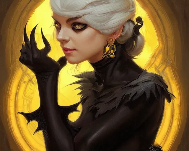 Image similar to black cat with deep big yellow eyes, deep focus, d & d, fantasy, intricate, elegant, highly detailed, digital painting, artstation, concept art, matte, sharp focus, illustration, hearthstone, art by artgerm and greg rutkowski and alphonse mucha