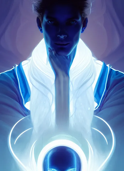 Prompt: symmetry!! portrait of man wearing white clothes with long flaming blue hair, sci - fi, glowing lights!! intricate, elegant, highly detailed, digital painting, artstation, concept art, smooth, sharp focus, illustration, art by artgerm and greg rutkowski and alphonse mucha, 8 k