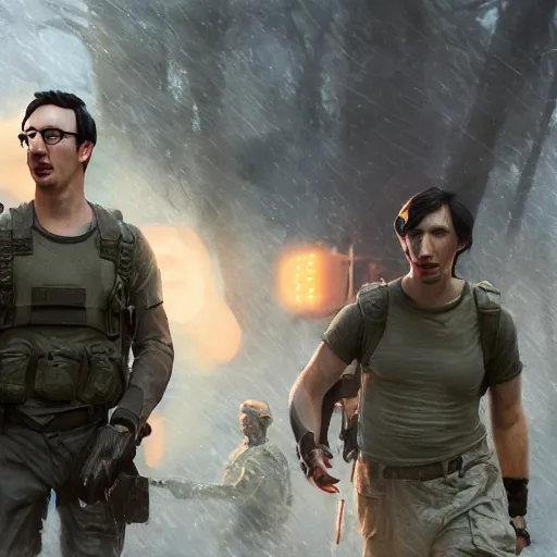 Prompt: cinematic shot of both john oliver and adam driver together, john oliver in front, stylized, military tank top, sexy, small details, realistic poster with volumetric light from jeremy lipkin and michael garmash, craig mallism, artgerm, unreal engine, radiant light, digital art, trends at art station, a masterpiece