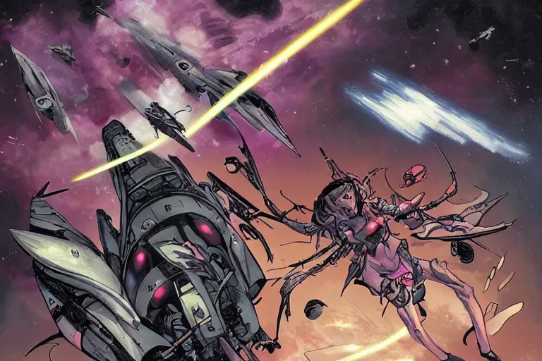 Prompt: A daemonette attacking a space fighter. Beautiful comic art.