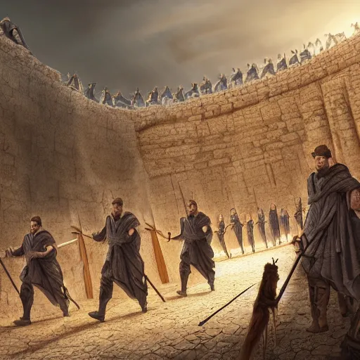 Image similar to Matte painting of a row of men in Biblical outfits marching in front of the walls of Jericho. People are standing on the walls looking down at them. sunrise, epic, cinematic lighting, detailed digital art trending in artstation