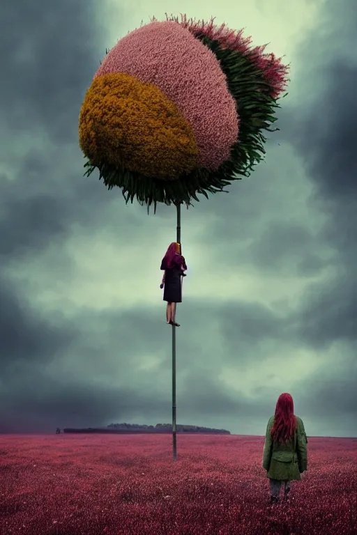 Image similar to portrait, giant flower head, a girl wearing a coat in heather field, surreal photography, wind and cold, dramatic sky, impressionist painting, digital painting, artstation, simon stalenhag